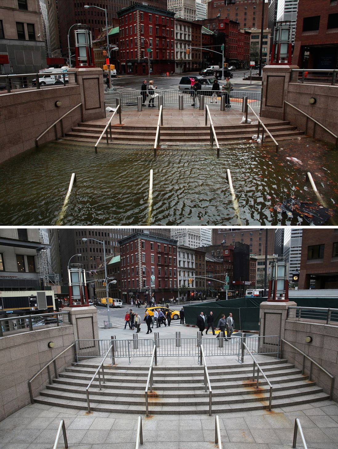 [Top] Water floods the Plaza Shops in the wake of Hurricane Sandy, on October 30, 2012 in New York City. [Bottom] The entrance to the underground Plaza Shops remains closed due to unfinished renovations almost a hear after being flooded by Hurricane Sandy October 22, 2013.